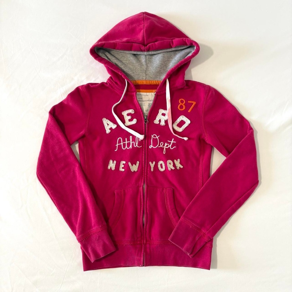Aeropostale Zip Up Hoodie Women XS Pink Patch Logo Y2K 2000s Athl Dept